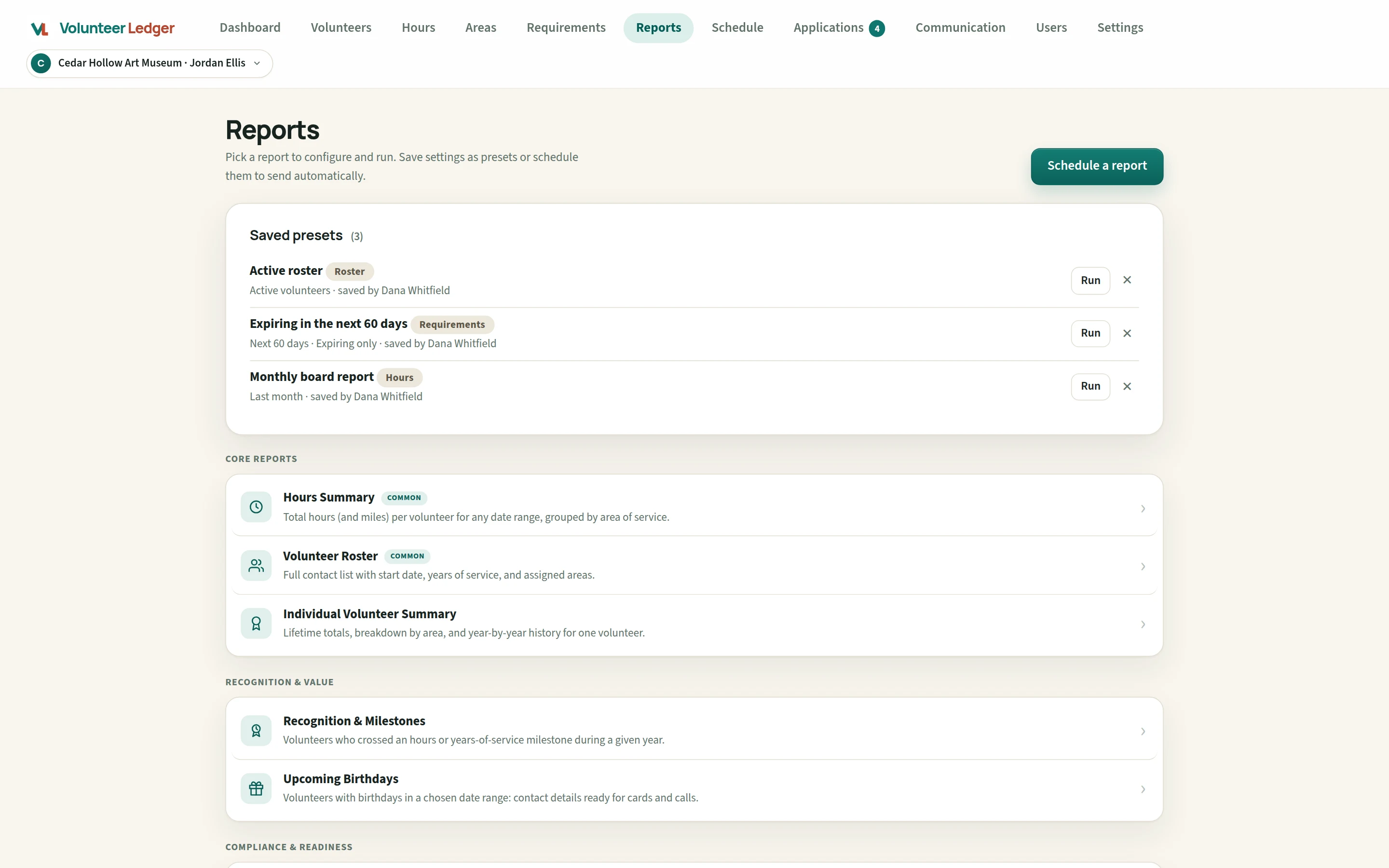 Volunteer Ledger reports page for an art museum: saved presets for an active roster, expiring requirements and a monthly board report, above the hours summary, volunteer roster, individual summary, recognition and upcoming birthday reports