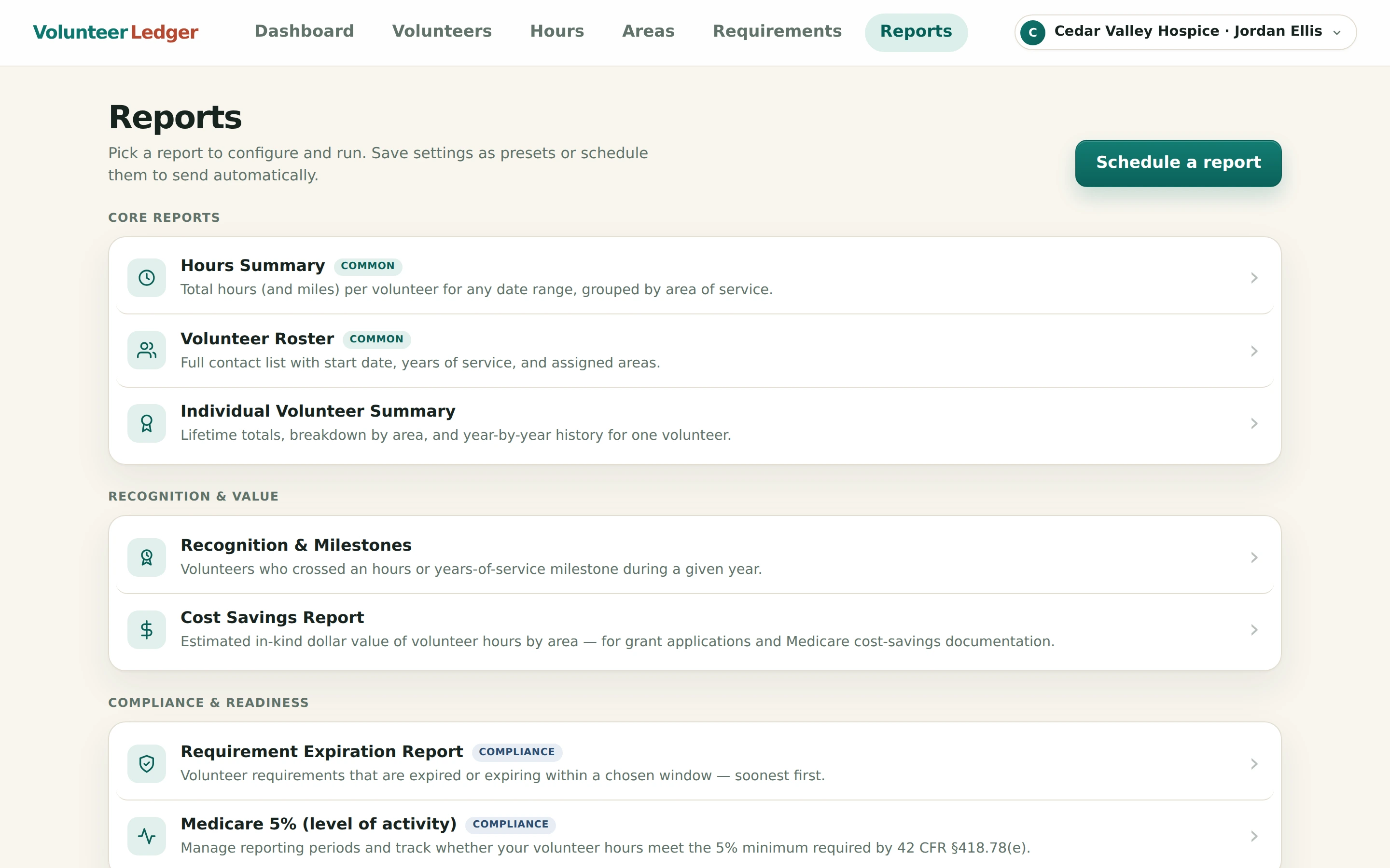 Volunteer Ledger reports page showing report type options, date-range filters, and export and print buttons