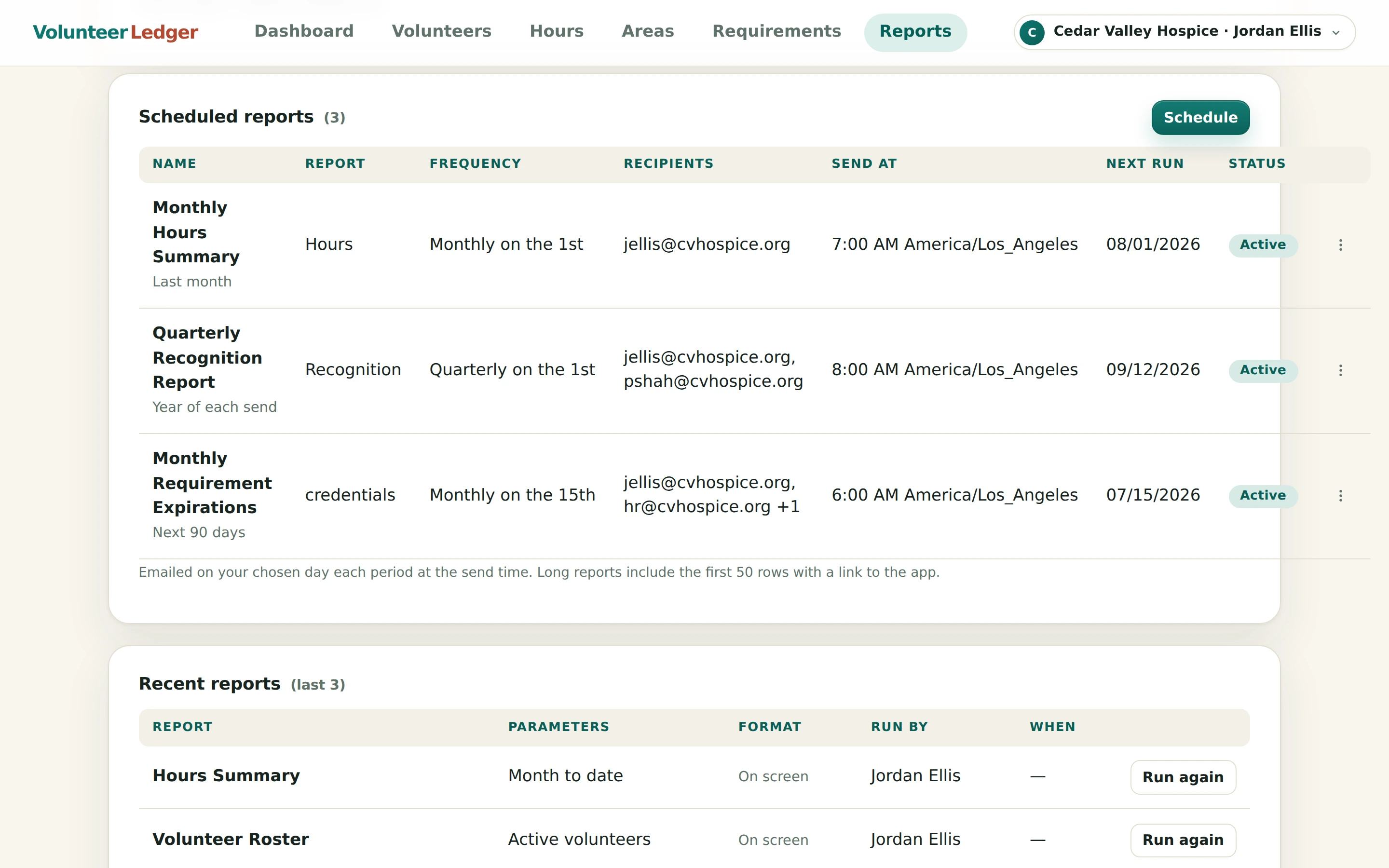 Volunteer Ledger scheduled-report setup showing cadence selection, recipient email fields, report type picker, and date range configuration
